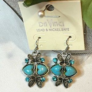 Turquois and Silver Butterfly Heart Earrings.